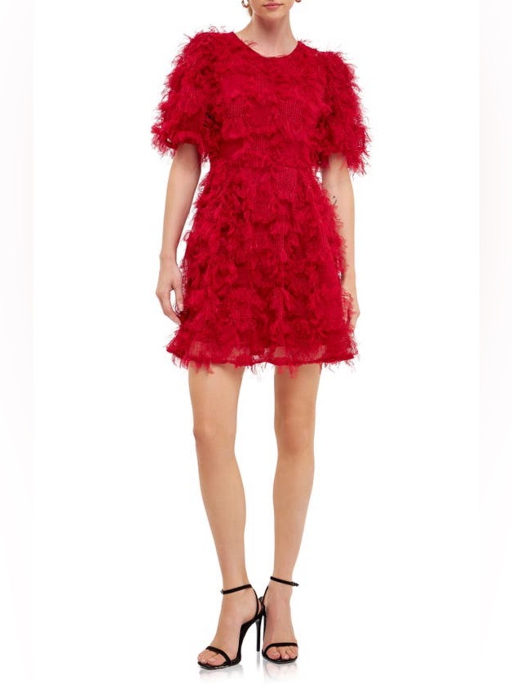 Endless Rose Red Feathered Mesh Puff Sleeve Mini Dress Size XS